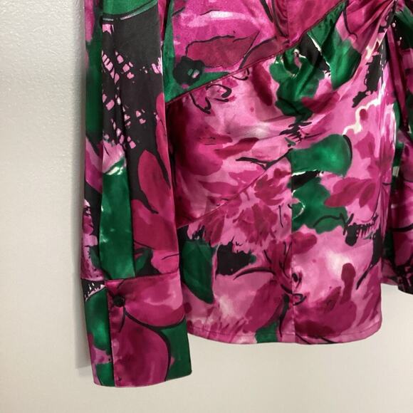Ann Taylor Fuchsia Pink Floral Printed Blouse Silky V Neck Twist Front 14 - Picture 6 of 7